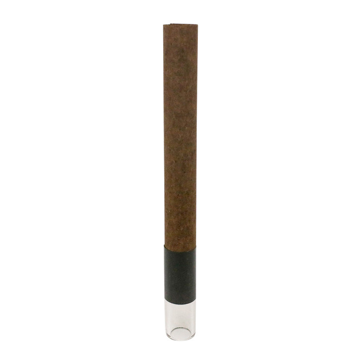 upright dark brown hemp wrap blunt cone with a black collar and clear glass tip at the bottom