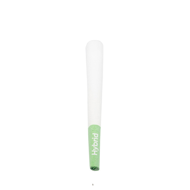 upright white designer pre rolled cone with a light green filter at the base marked hybrid in white