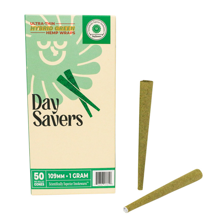 DaySavers 109/26mm Green Hybrid Hemp Wrap Pre-Rolled Cones [50 Cone Box]