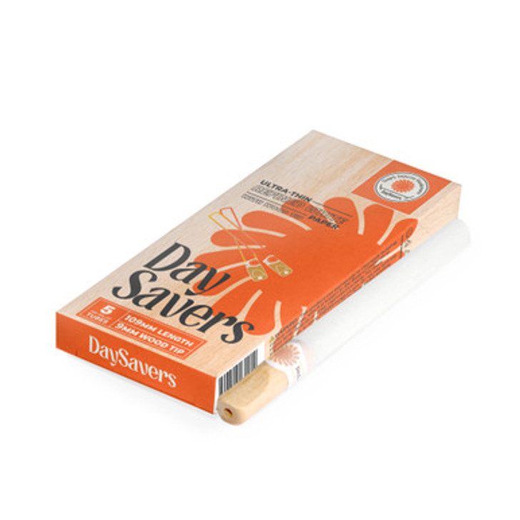 DaySavers 109mm Pre-Roll Tubes with a Natural Wood Tip - Display Box [20 Packs - 5 Tubes per Pack]