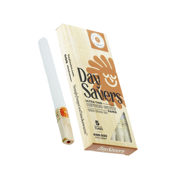 DaySavers 1 Gram King Size Pre Rolled Tubes with Natural Wood Filter Tips - Refined White [5 Tube Pack]