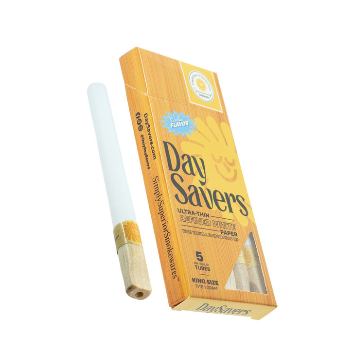 DaySavers 1 Gram King Size Pre Rolled Tubes with Vanilla Flavor Wood Filter Tips - Refined White [5 Tube Pack]