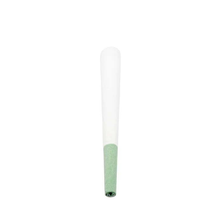 white cone standing upright with a green tip and a curled filter from color tipped cones