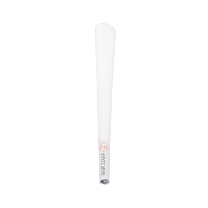 white pre rolled cone upright with a slanted wide top and the rolled paper filter at the bottom