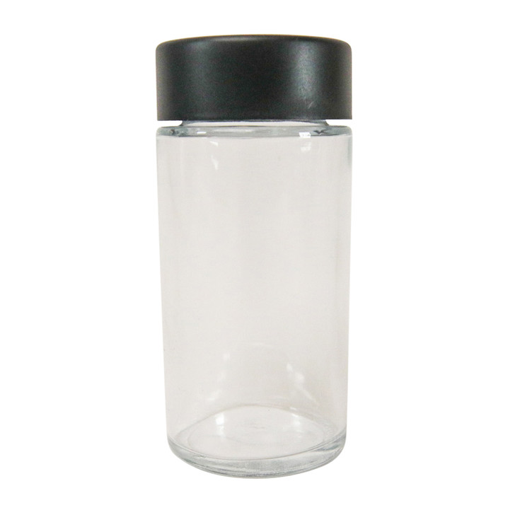 90mm Clear Glass Mini Jar with 44mm Black Cap - Child Resistant - [200 per case]