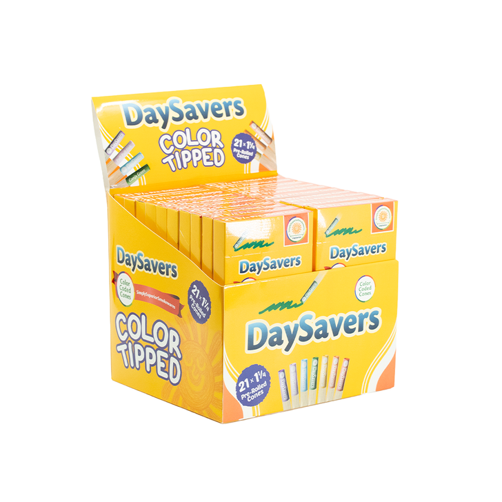 DaySavers Display Box - 84mm/26mm Color Tip  Pre-Rolled Cones - Refined White [20 per case - 21 per pack]