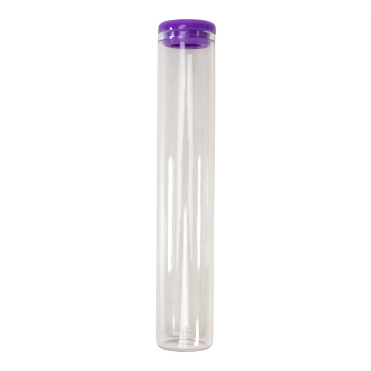 upright glass pre roll tubes with a purple silicone cap on top