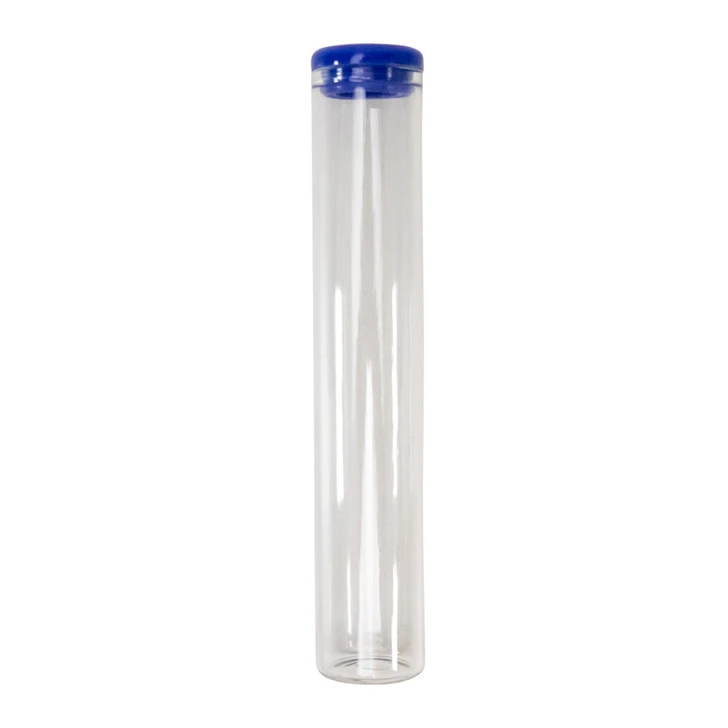 upright glass pre roll tubes with a blue silicone cap on top