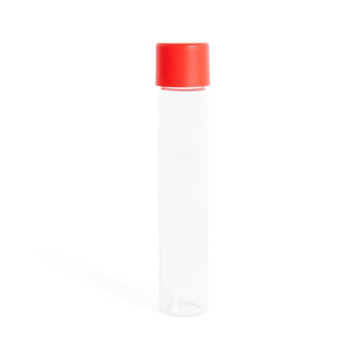 glass pre roll tubes standing alone with a red screw cap and an empty clear body