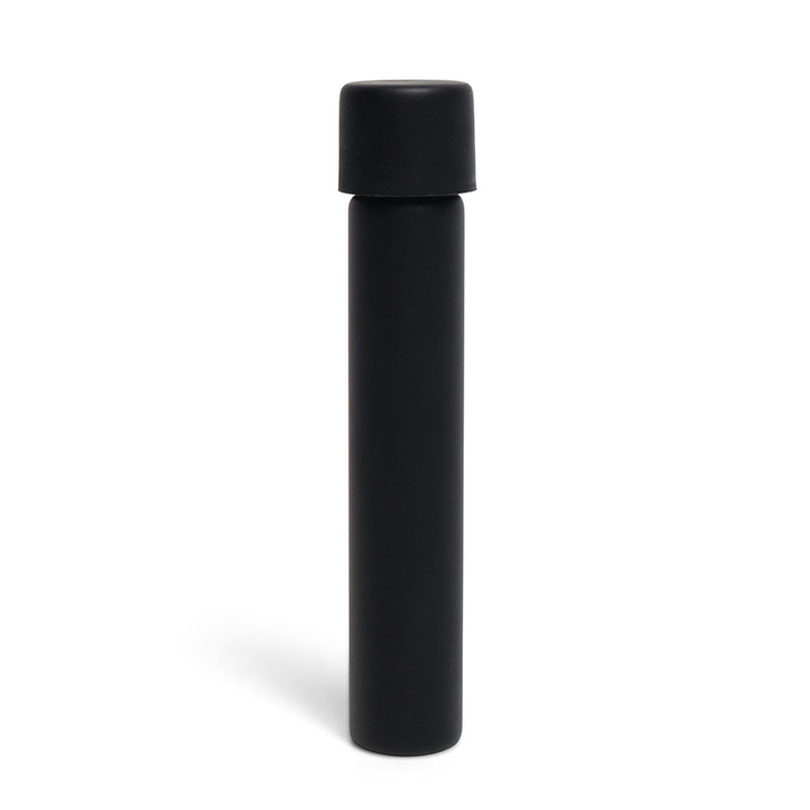 single upright glass pre roll tube with a matte black body and a rounded black cap