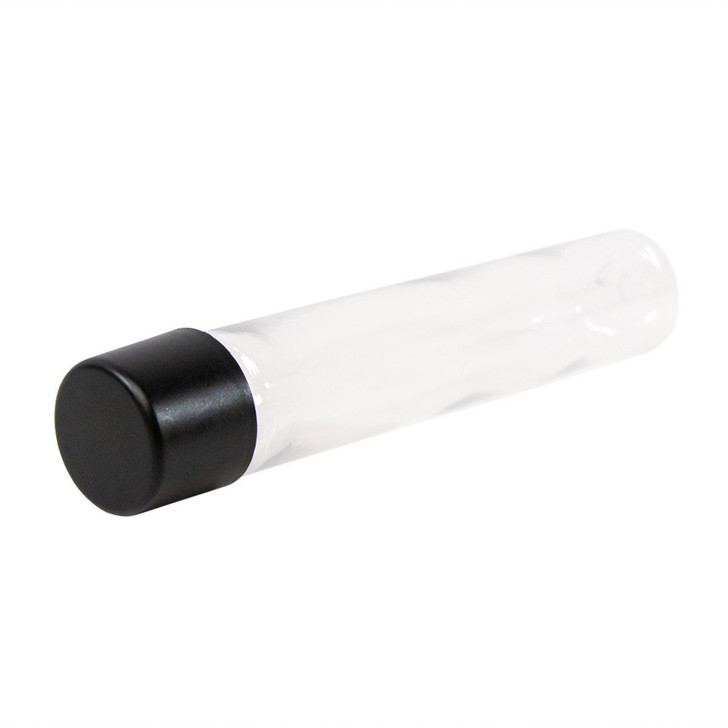 child resistant pre roll tubes with a matte black cap in the foreground and a clear plastic barrel