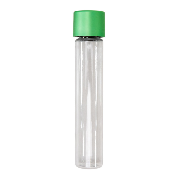 115 millimeter clear pet tube with 22 millimeter green alumite child resistant cap front