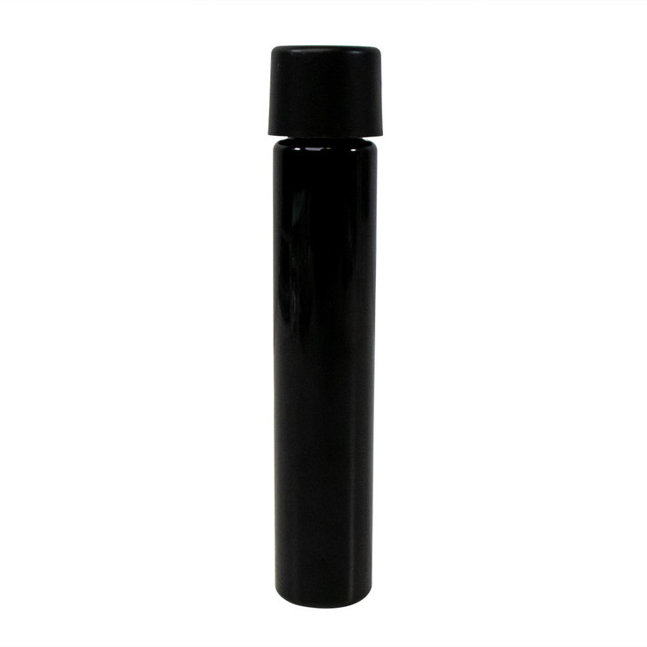 one hundred fifteen millimeter black pet plastic pre roll tube with smooth black child resistant cap front