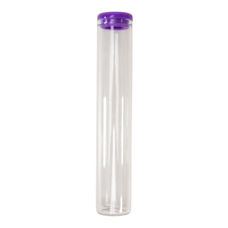 one hundred twenty-five millimeter clear glass single width cork tube with purple silicone cap front