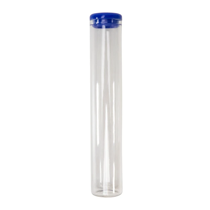 125 millimeter clear glass single width cork tube with blue silicone cap front