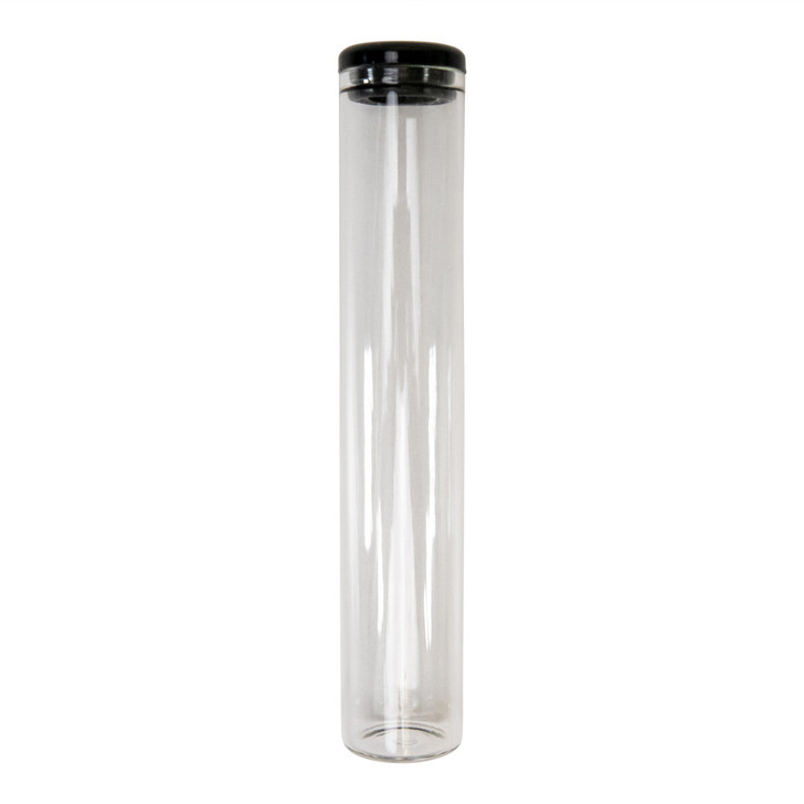 125 millimeter clear glass wide cork tube with black silicone cap front