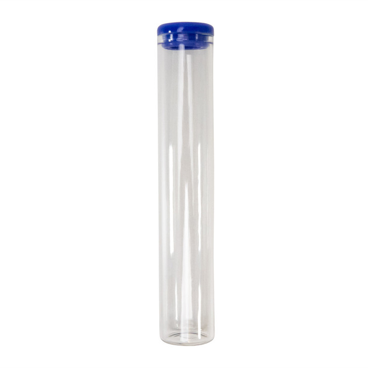 120 millimeter clear glass wide cork tube with blue silicone cap front