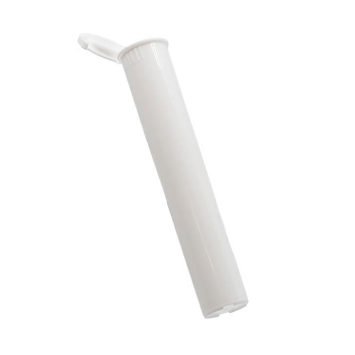 upright white pop top pre roll tube leaning at an angle with the hinged lid folded to the side