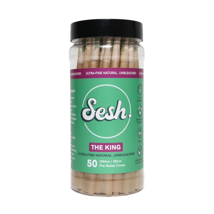 Sesh Ultra-fine Natural, Unbleached Pre-rolled Cones - 109mm king - jar of 50