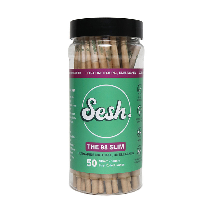 Sesh Ultra-fine Natural, Unbleached Pre-rolled Cones - 98mm  Slim - jar of 50