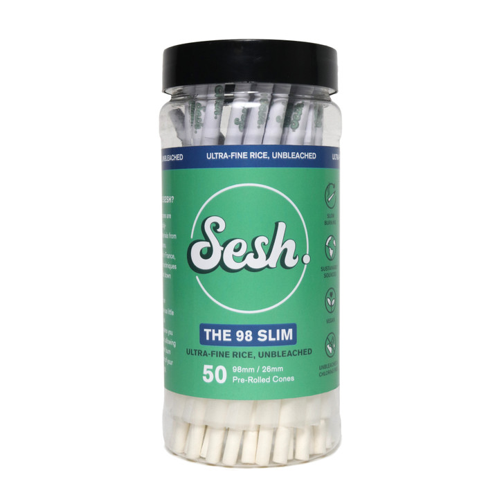 Sesh Ultra-fine Rice, Unbleached Pre-rolled Cones - 98mm Slim - jar of 50
