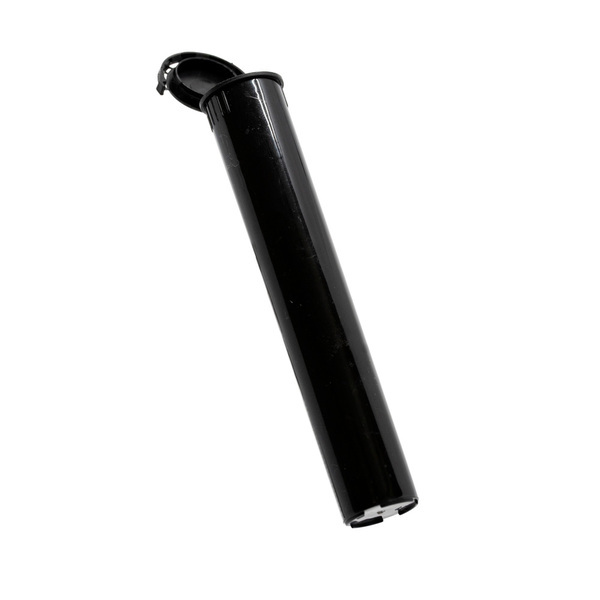 black pop top pre roll tube leaning at an angle with the lid folded back and base visible