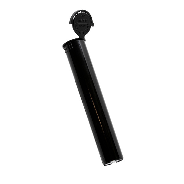 tilted black pop top pre roll tube with the open lid showing squeeze sides below markings