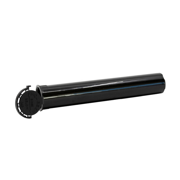black pop top pre roll tube viewed from the side with its flip lid open on the left end