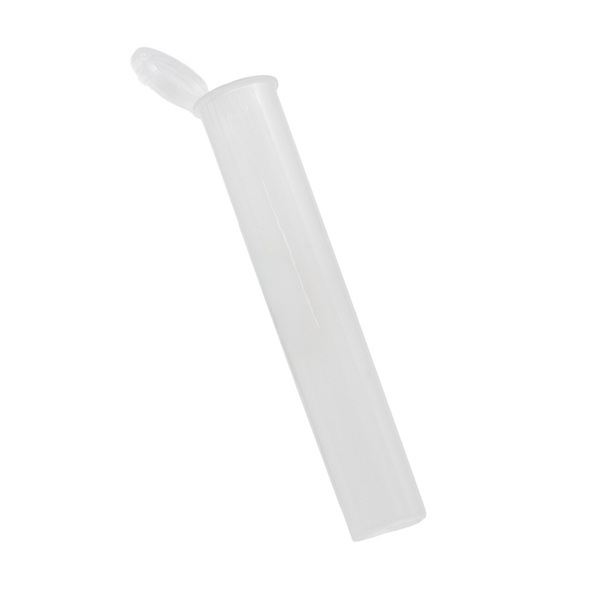 empty clear pop top pre roll tube tilted with the hinged lid open showing the frosted body