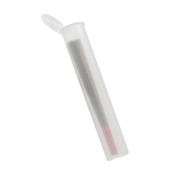 tilted clear pop top pre roll tube with a pre roll and pink filter tip near the bottom