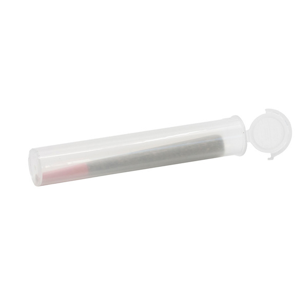 clear pop top pre roll tube holding a pre roll with pink filter tip and lid open to the right