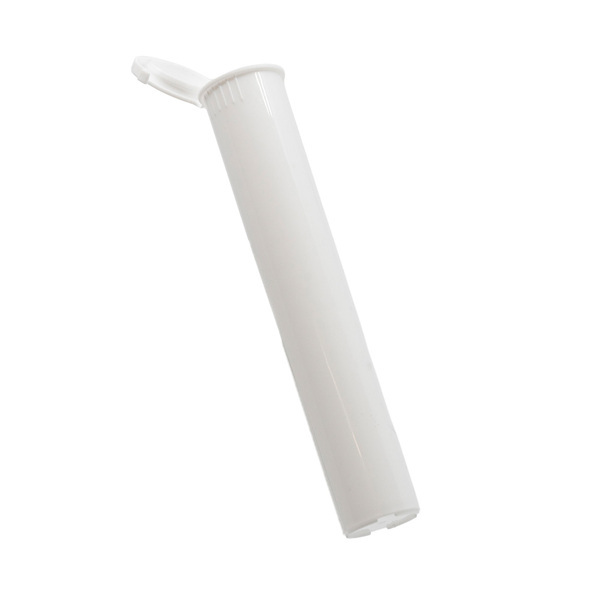 upright white pop top pre roll tube leaning at an angle with the hinged lid folded to the side