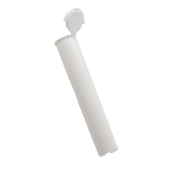 tilted white pop top pre roll tube with the lid standing open and the squeeze arrows showing