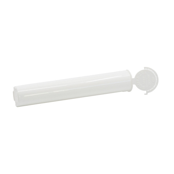 white pop top pre roll tube lying flat with the hinged lid open on the right side