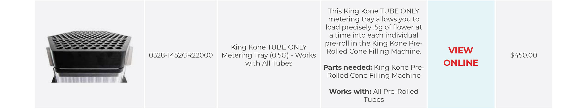 King Kone TUBE ONLY Metering Tray (0.5G) - Works with All Tubes
