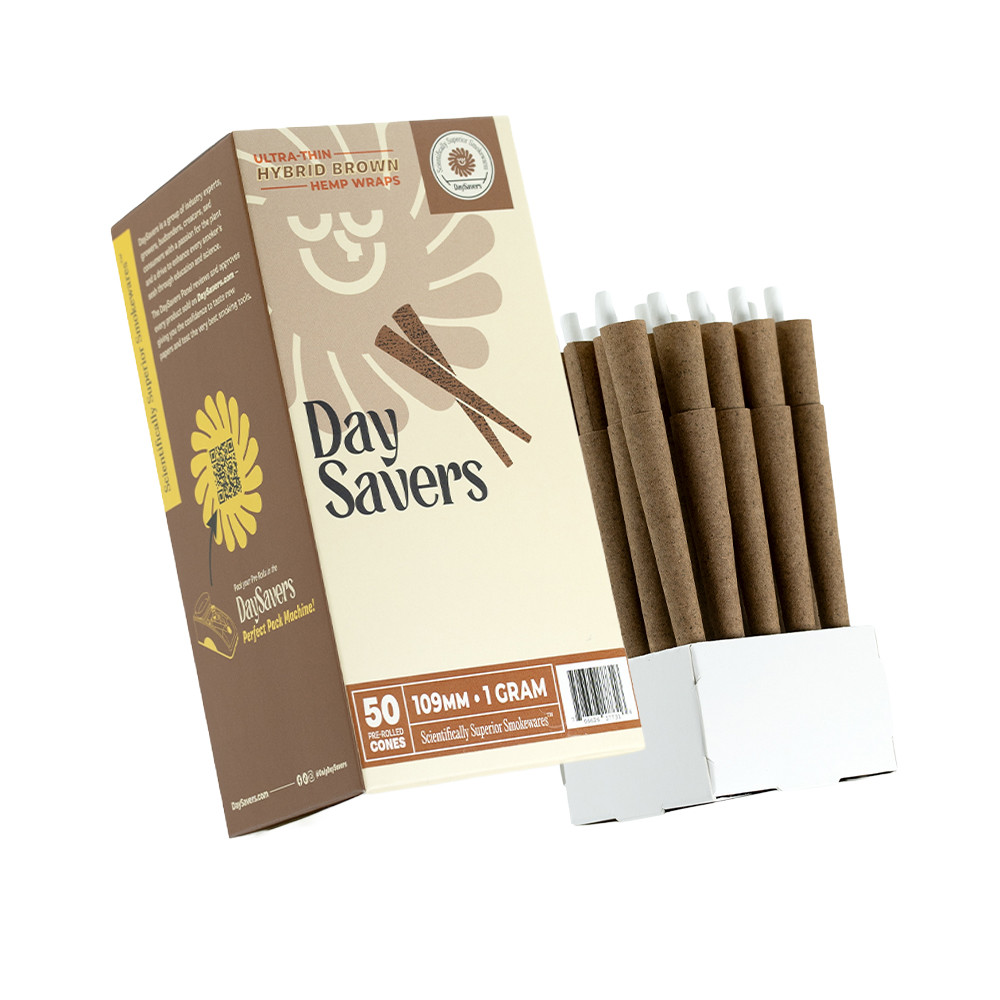 cigarette style cones DaySavers 1 Gram King Size Brown Hybrid Hemp Blunt Wrap Pre Rolled Cones  [50 Cone Box]