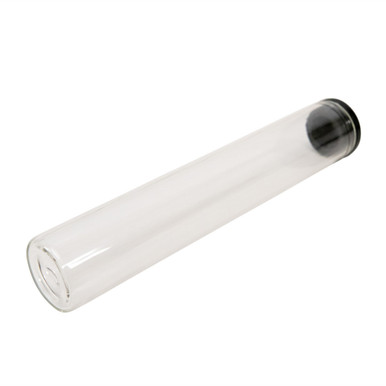 diagonal view of glass pre roll tubes with a black cap at the top and a rounded clear base