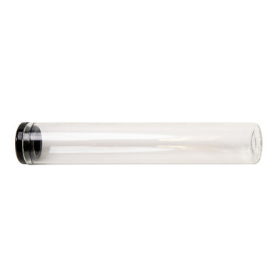 side view of clear glass pre roll tubes lying flat with a black silicone cap on the left end