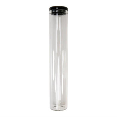 upright glass pre roll tubes with a black silicone cap on top against a plain white background