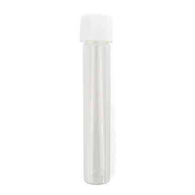 single upright glass pre roll tube with a white cap on top and a clear straight empty body
