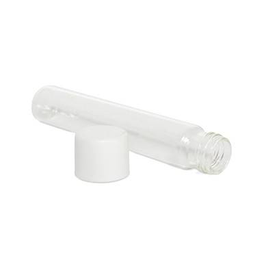 glass pre roll tubes lying on their side with an open threaded neck and a loose white cap in front
