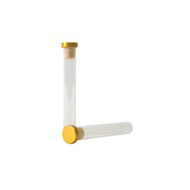 glass pre roll tubes with gold champagne cork one standing upright and one lying on its side