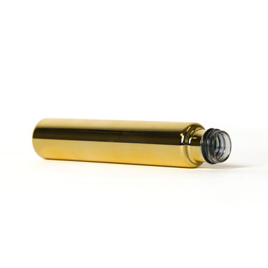 child resistant pre roll tubes in polished gold lying on its side with an open threaded neck