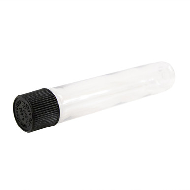 child resistant pre roll tubes angled with a ridged black cap and raised text on a clear body