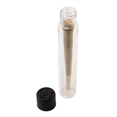 child resistant pre roll tubes in clear plastic holding a joint with a loose black cap in front