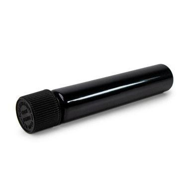 child resistant pre roll tubes angled with a ridged black cap in front showing raised lettering