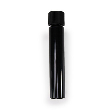 single upright child resistant pre roll tube in shiny black with a ridged cap on top