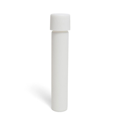 single glass pre roll tube standing upright with a white body and rounded white cap