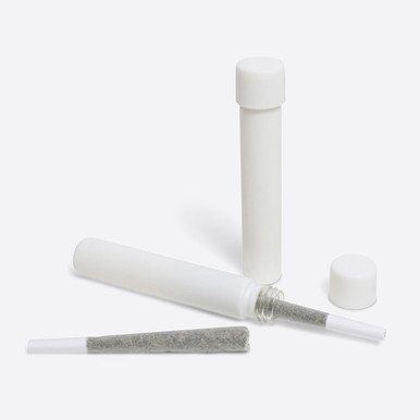 glass pre roll tubes in matte white with an upright tube and an open tube next to a joint and cap