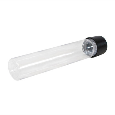 child resistant pre roll tubes shown at an angle with a clear plastic body and black cap